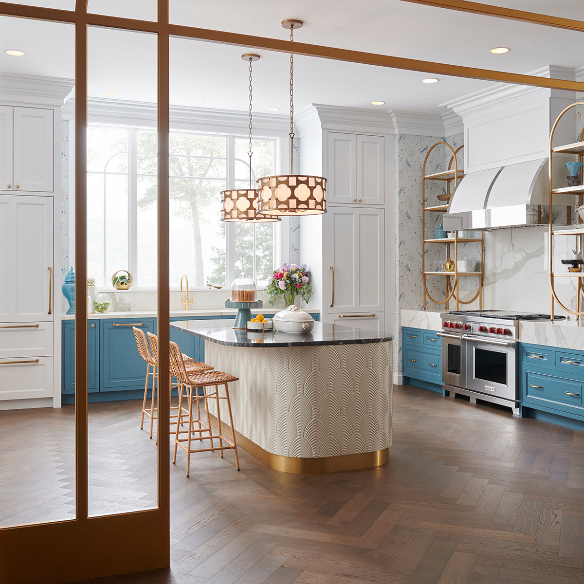 Carter Drum Shade Pendant hanging over kitchen island