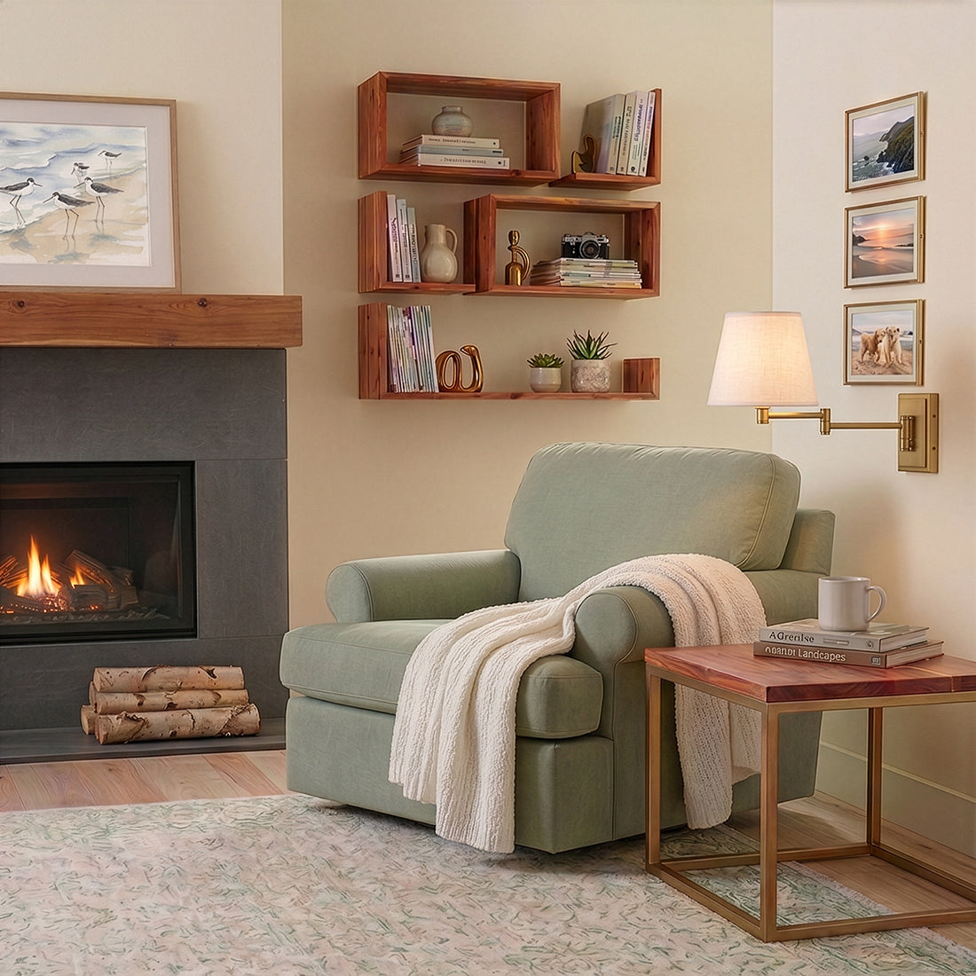 Beale Brass Swing Arm Wall Light on a lounge wall beside a reading chair