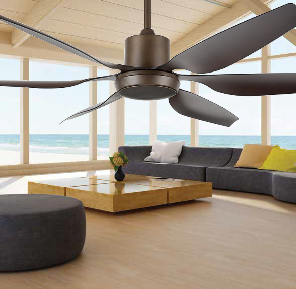 Image of a Aviator Bronze 6 Blade Ceiling Fan with a lounge in the background