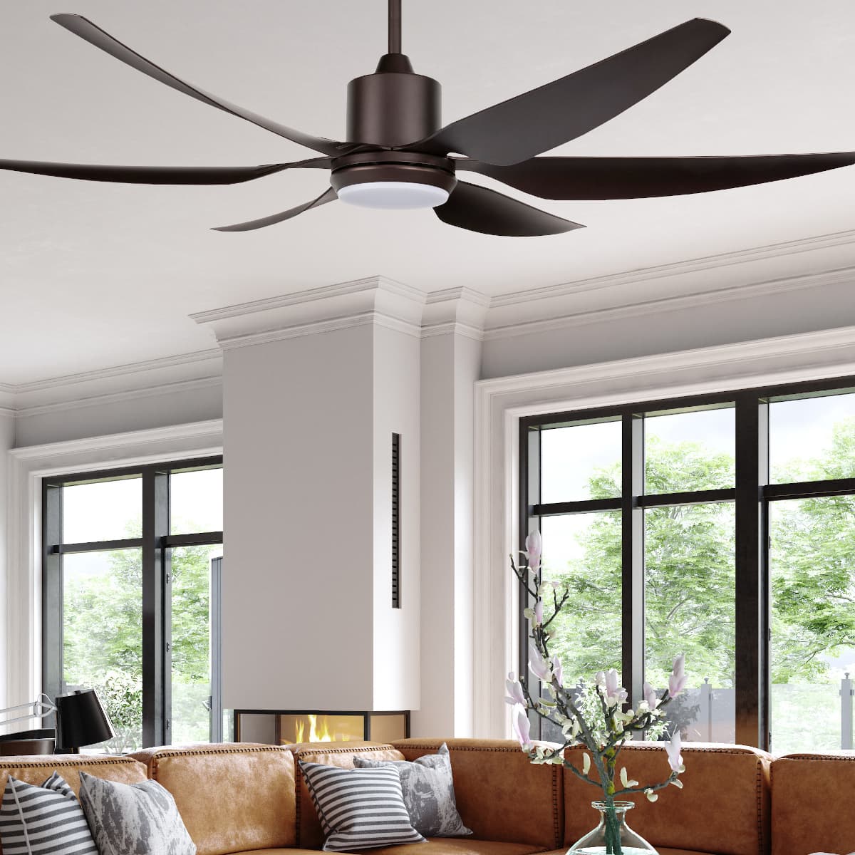 Aviator 6 Blade Fan with Light in a lounge with leather couches