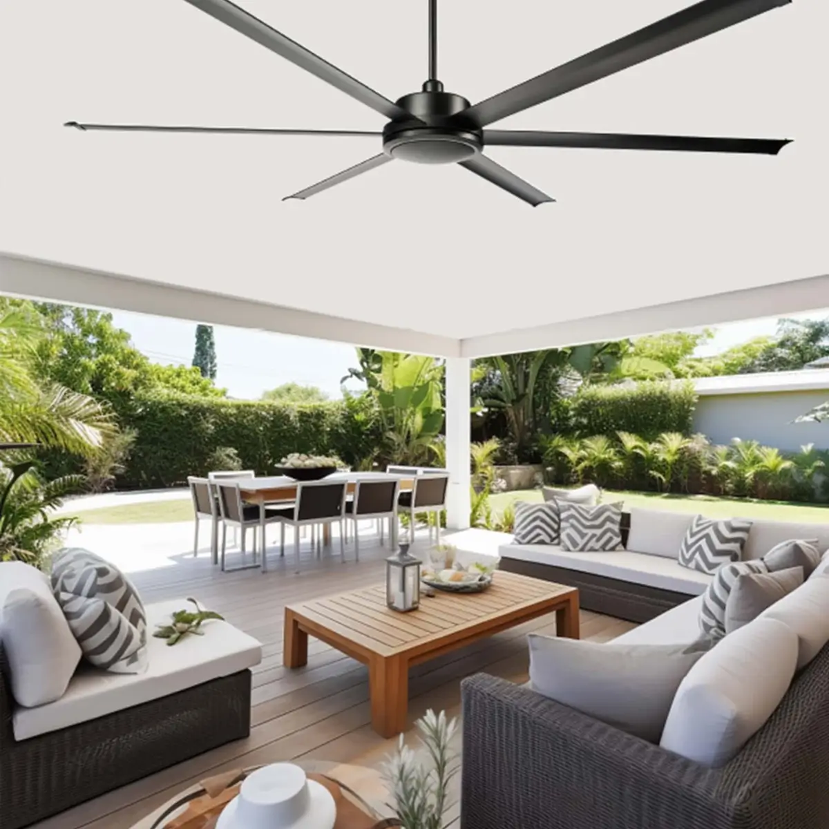 Image of a Colossus large scale fan over a patio space