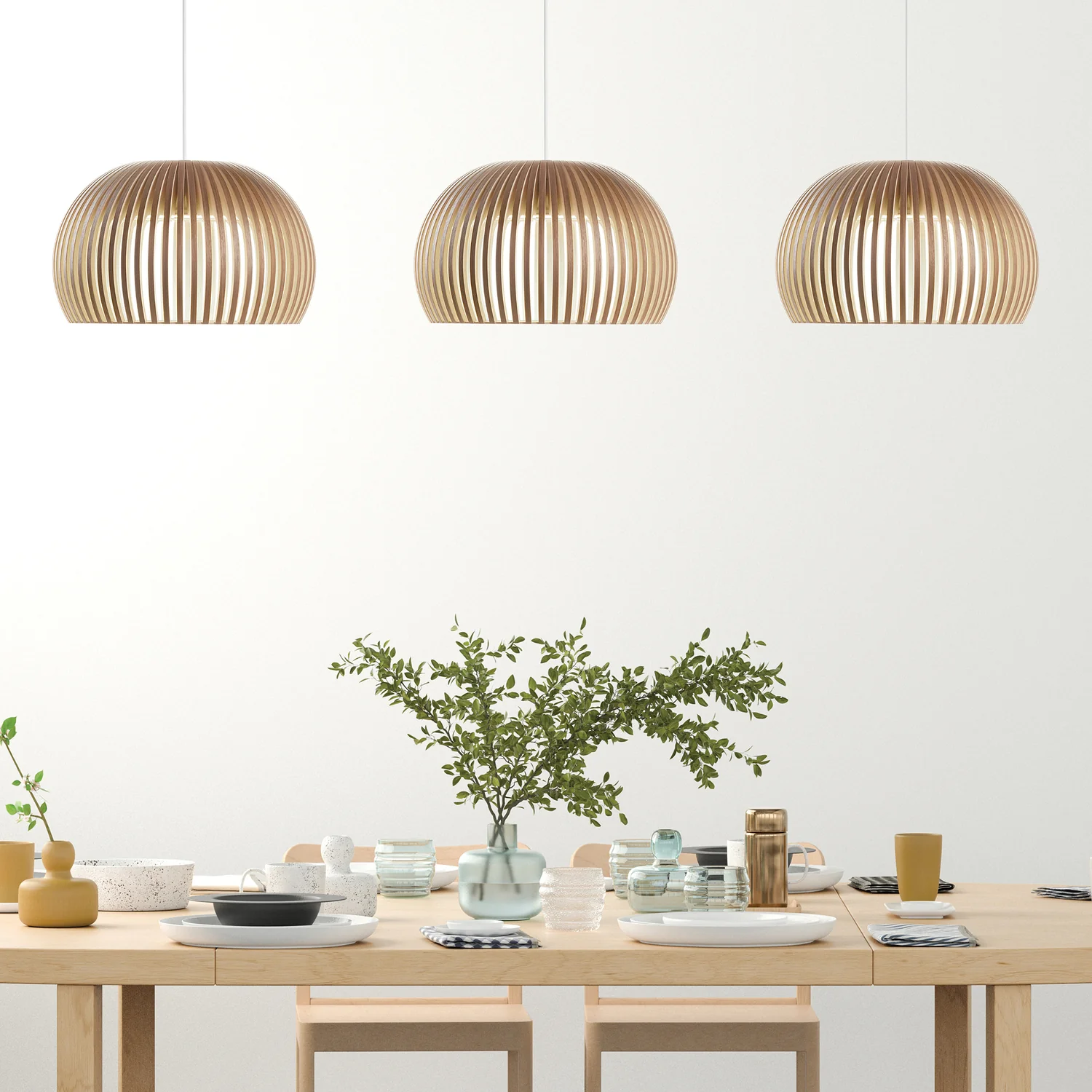 W0450 Timber Dome Pendants over a Wooden Dining Table
