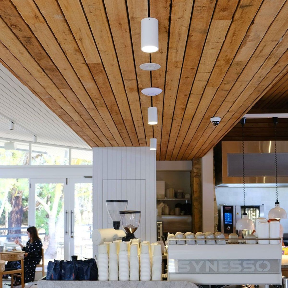 3 white matarangi surfacemounteddownlights on a timber ceiling over a counter in a cafe.