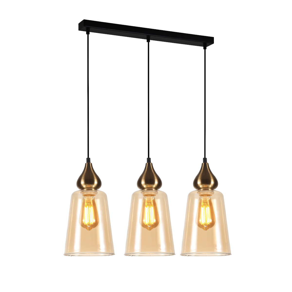 Product image of Jerez 3 Amber Glass Pendants with Linear Base with lights on