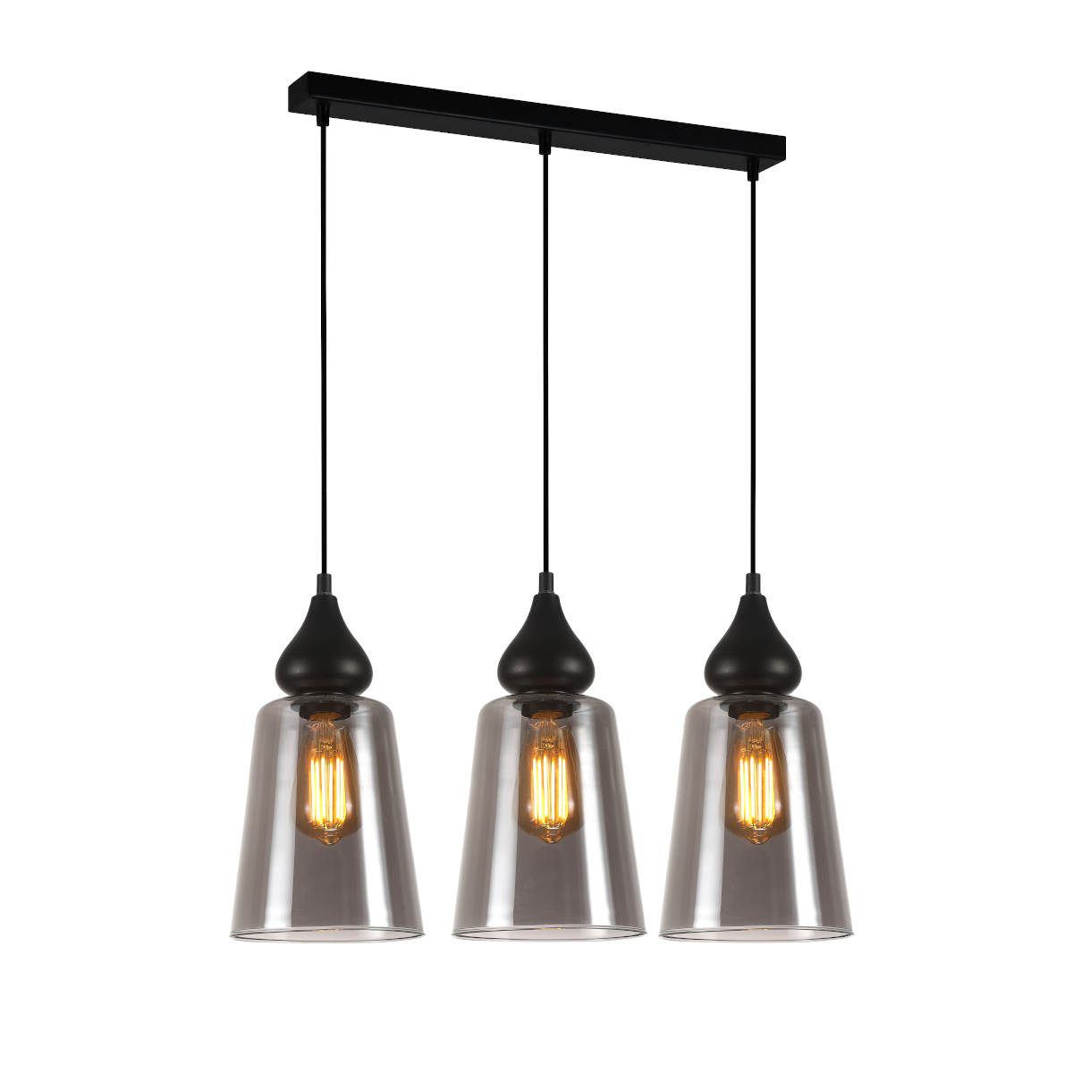 Product image of Jerez 3 Smoke Glass Pendants with Linear Base with lights on