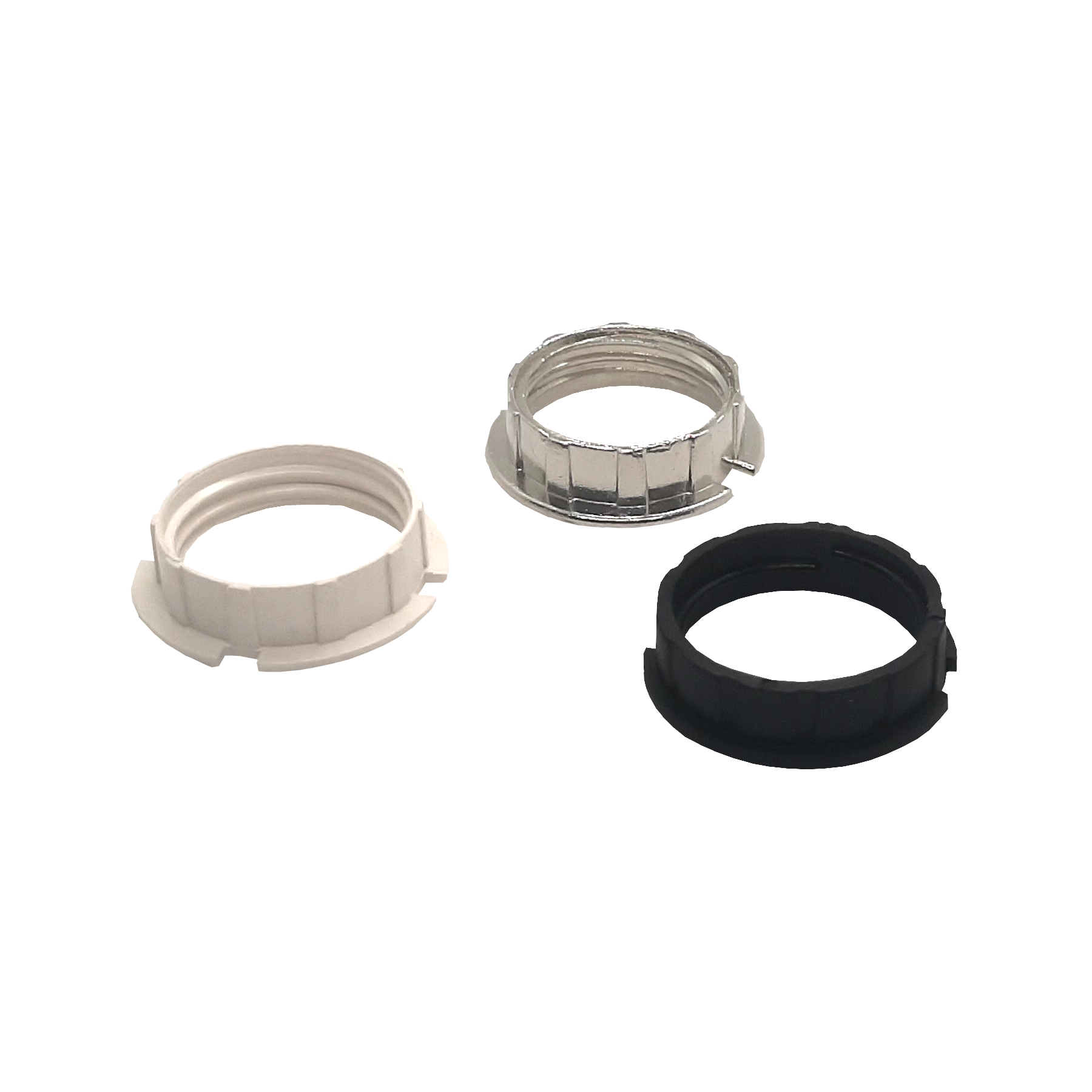 Product image of Lampholder G9 Skirt Ring showing all 3 colours, black, chrome and white