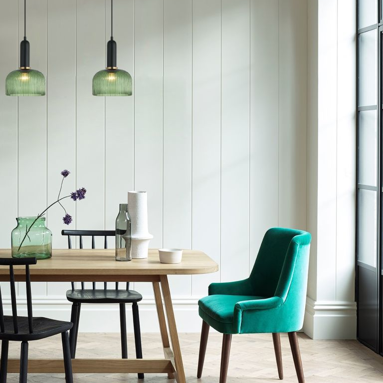 Murcatto Dome pendant with green glass over timber dining table with Green chair