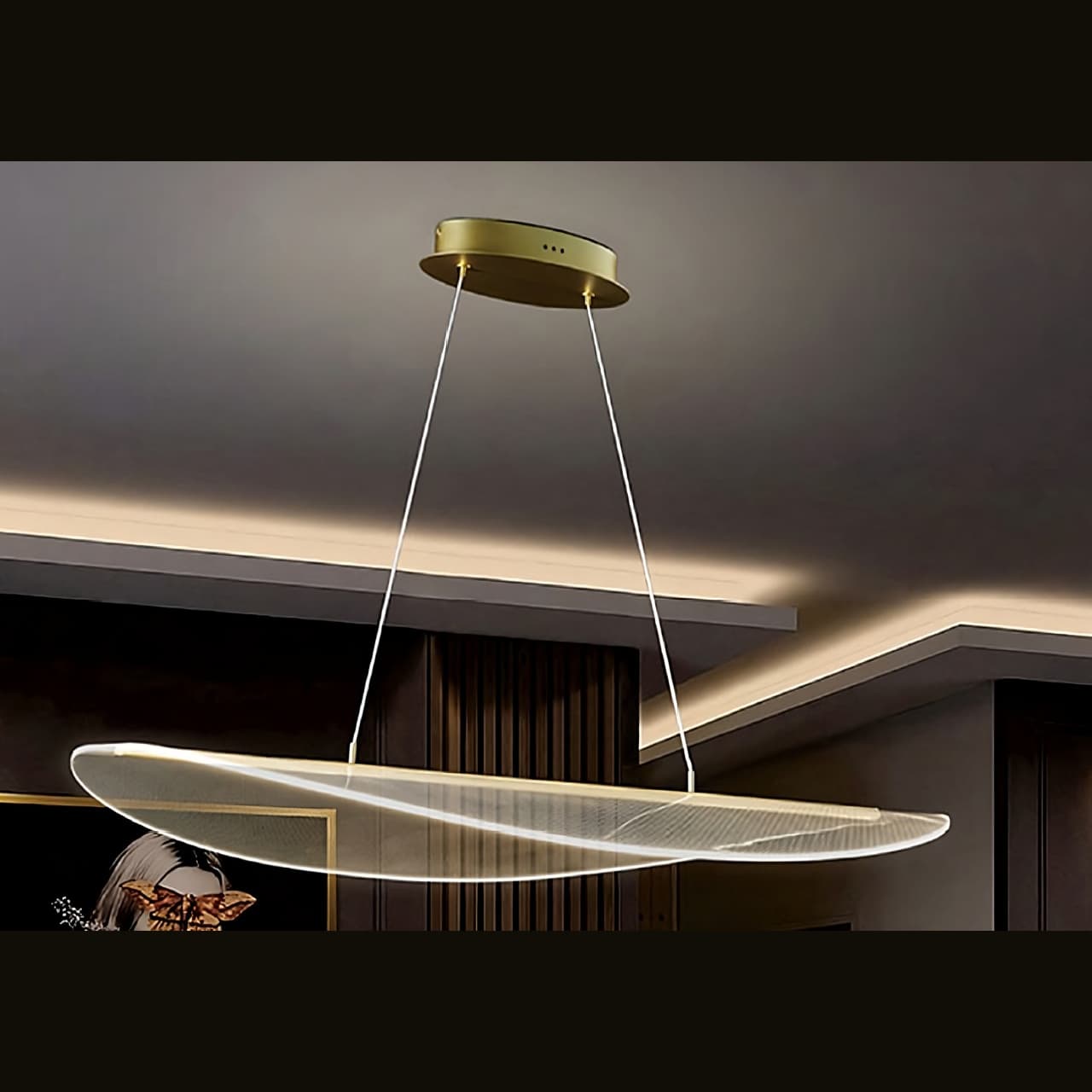 Product image of a vergato linear pendant hanging in a dining room