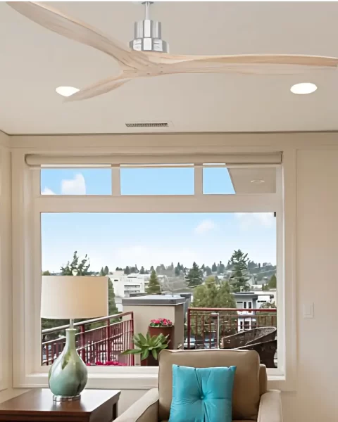 Mercury timber ceiling fan hanging in a living room