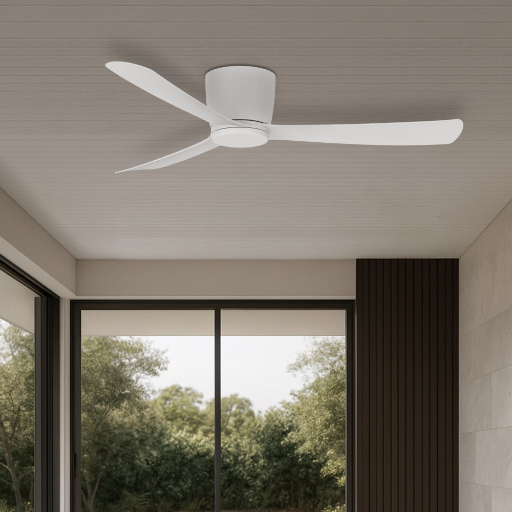 Costa Hugger Ceiling Fan on a timber ceiling in a modern lounge