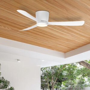 Costa Hugger ceiling fan mounted on a timber ceiling in an exterior patio