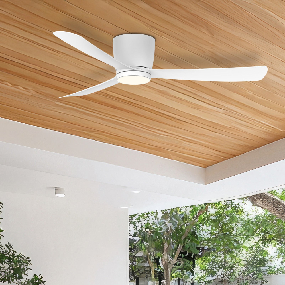 Costa Hugger ceiling fan mounted on a timber ceiling in an exterior patio