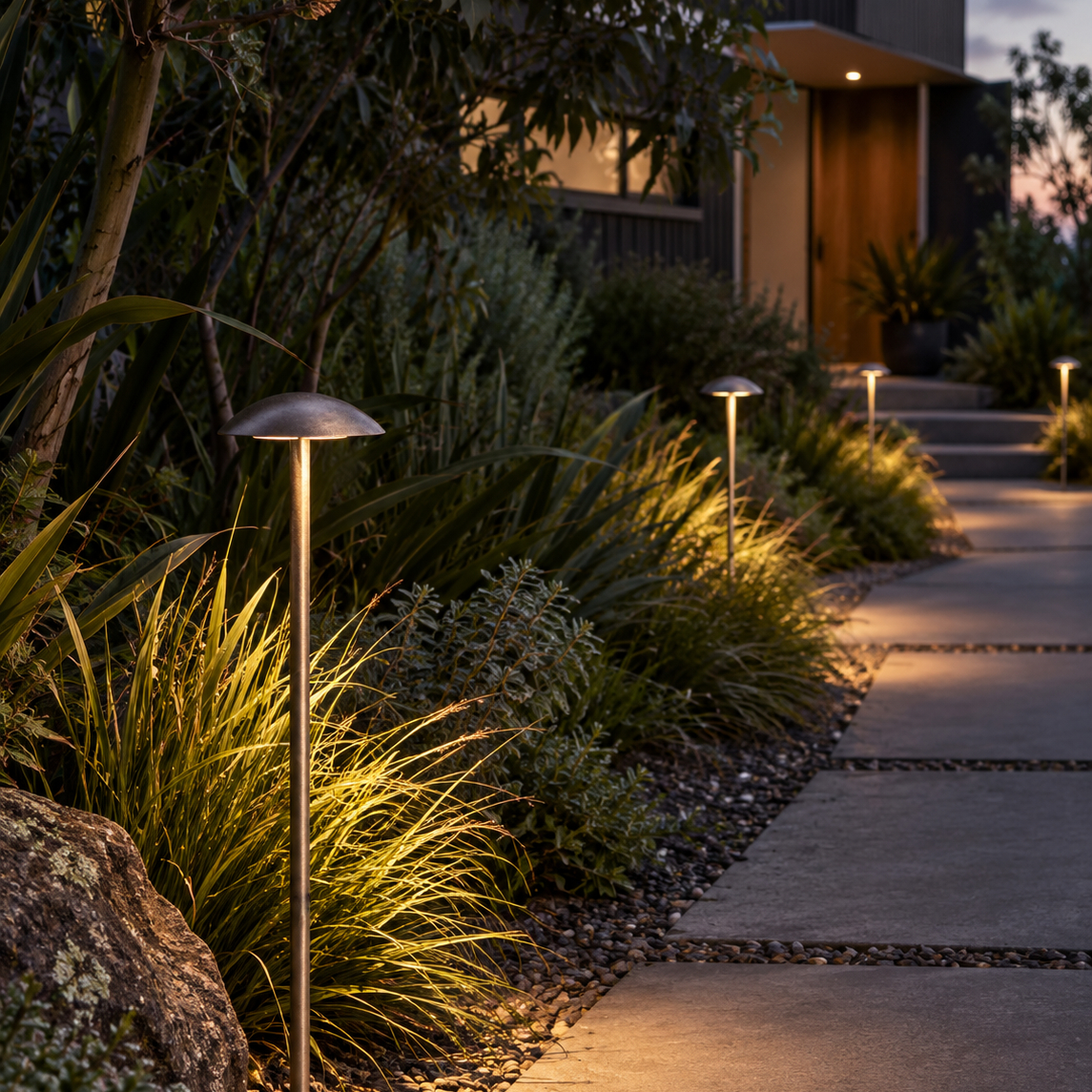 Mestolo Path Lights in a garden lighting down onto a paved path